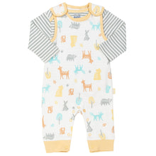 Load image into Gallery viewer, Baby in woodland dungaree set